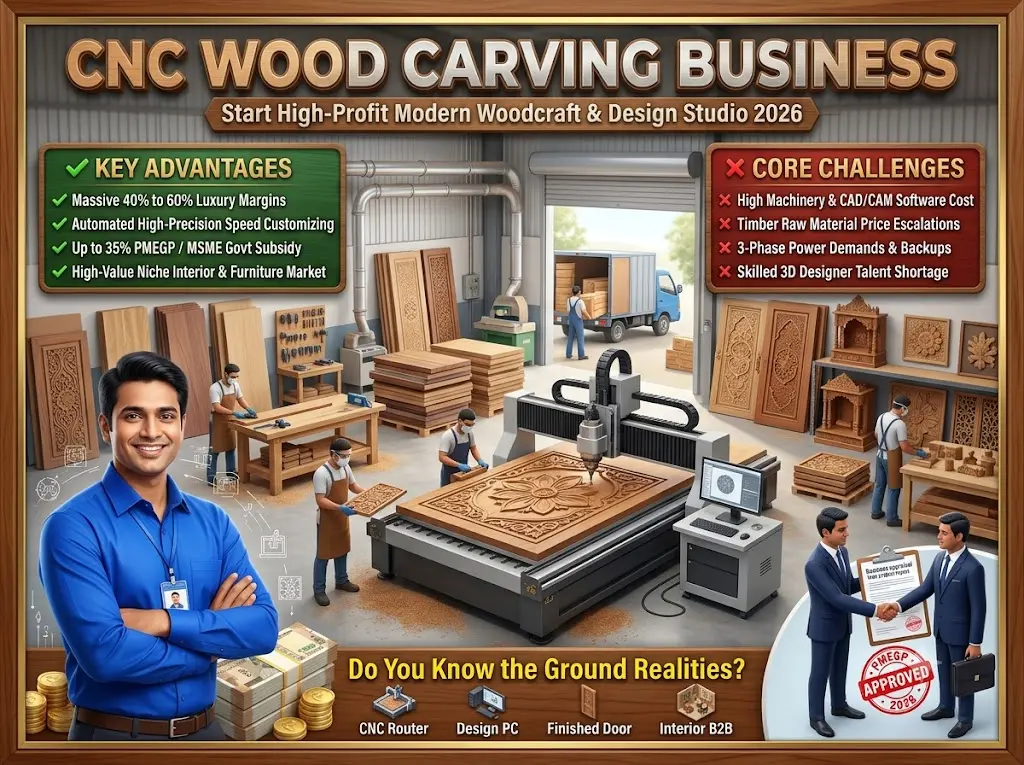 सीएनसी वुड कार्विंग बिजनेस 3D इन्फोग्राफिक - CNC wood carving business machine setup, costs and profit guide