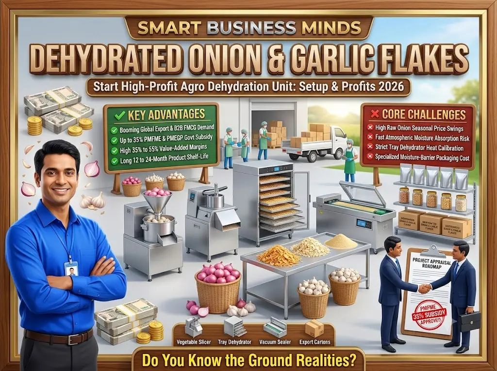 Dehydrated Onion and Garlic Flakes Business setup guide infographic showing commercial tray dehydrator machine, peeled garlic, sliced onion processing, and profit margins for Smart Business Minds